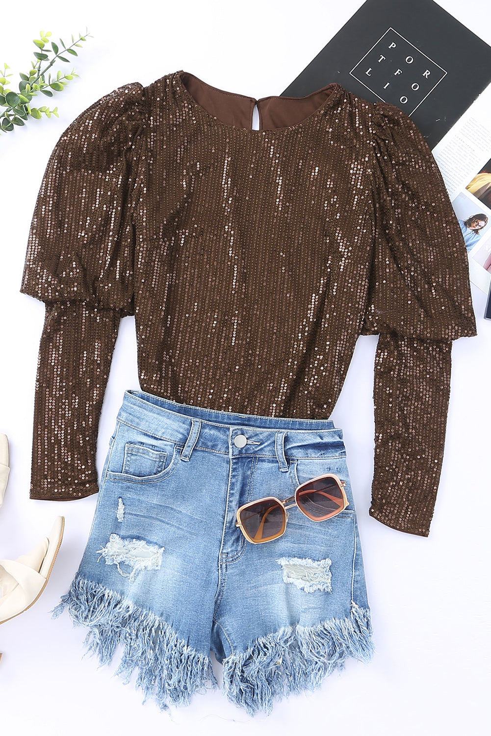 Brown Puff Sleeve Sequin Top