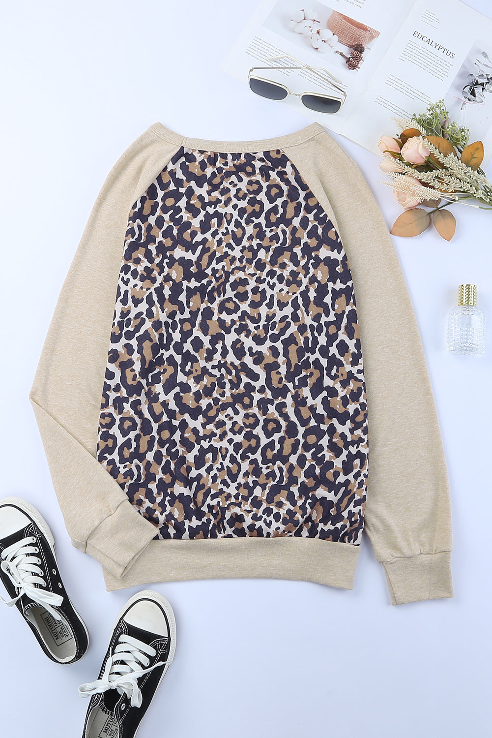 Leopard Kangaroo Pocket Raglan Sleeves Sweatshirt
