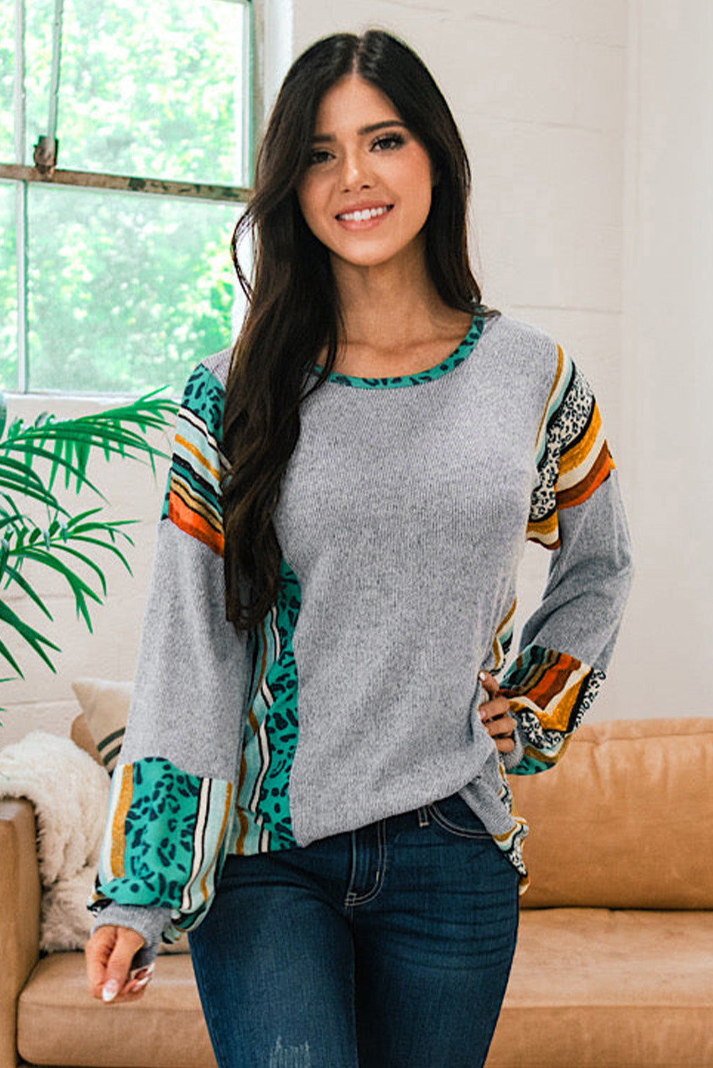 Gray Leopard Serape Drop Shoulder Bubble Sleeves Knit Top
