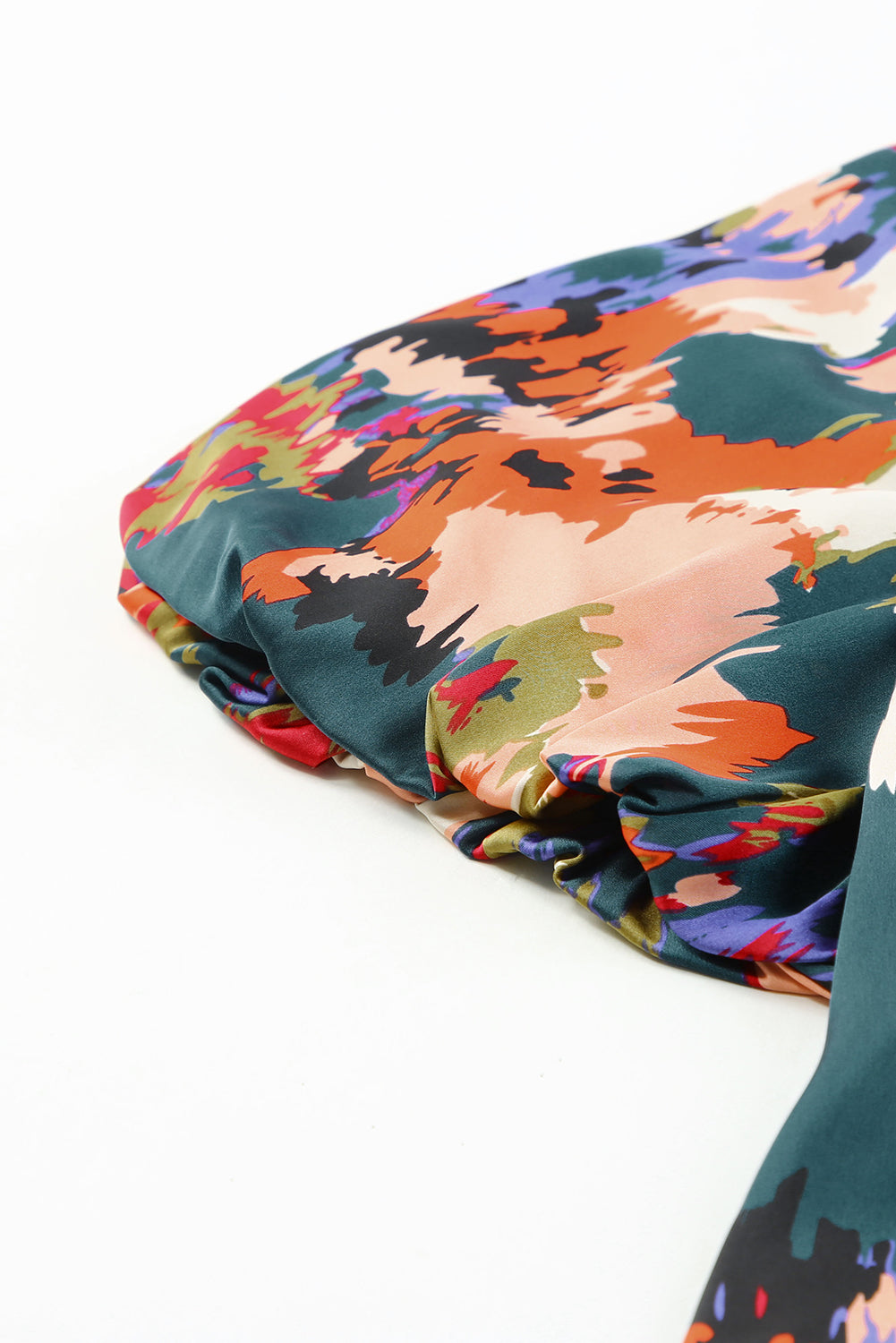 Green Abstract Printed V Neck Bubble Sleeve Blouse