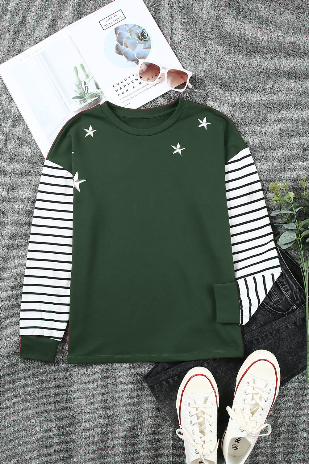 Green Striped Star Print Patchwork Long Sleeve Top