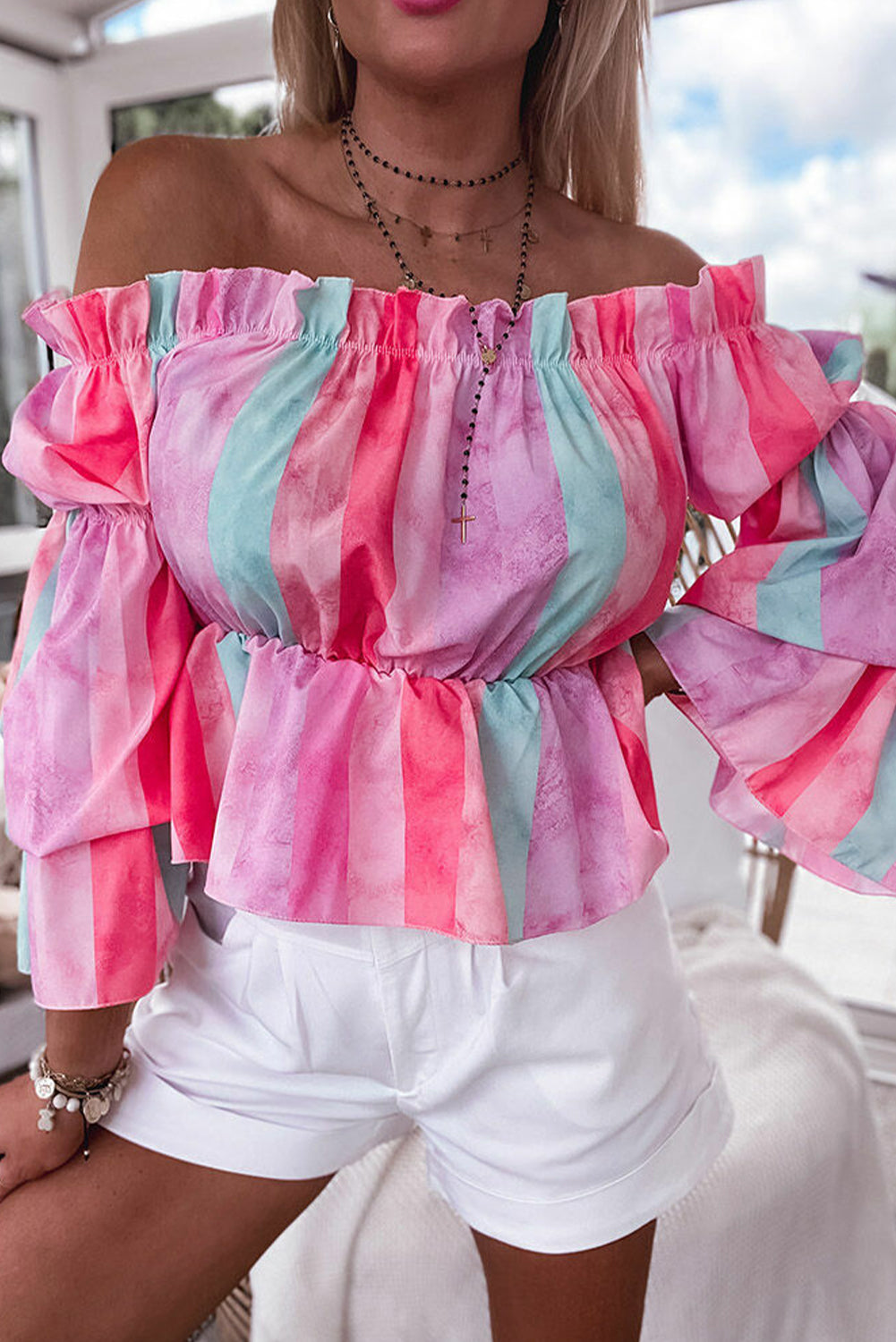 Multicolor Stripe Print Frill Off Shoulder Bubble Sleeve Blouse
