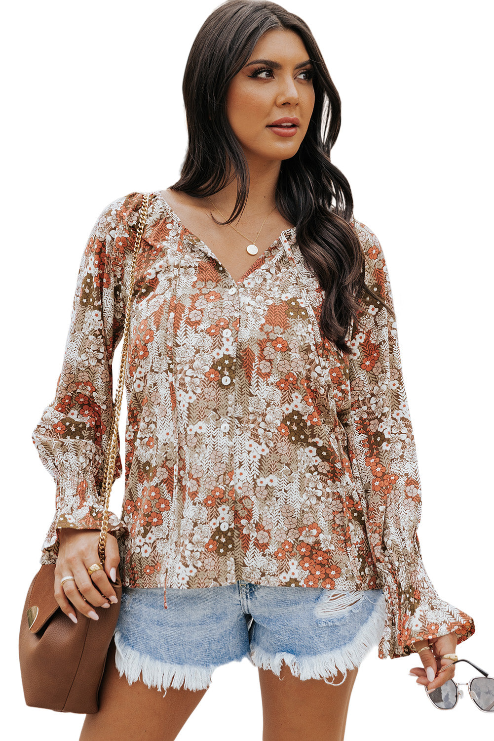 Khaki Floral Print Tie V Neck Button Up Blouse
