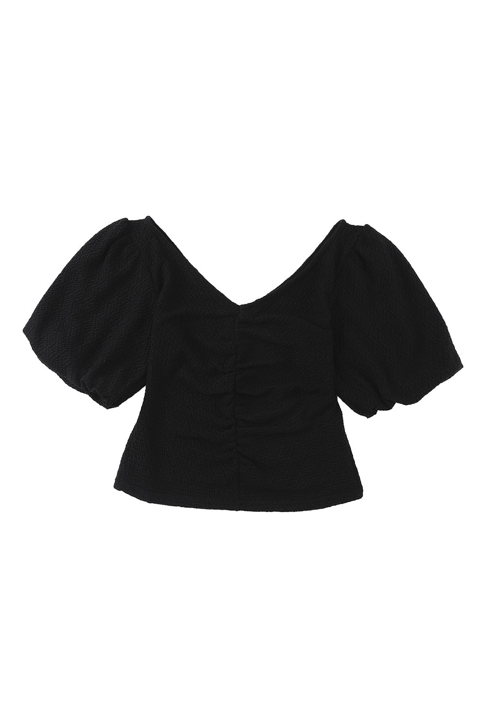 Black V Neck Ruched Front Puffy Sleeve Blouse