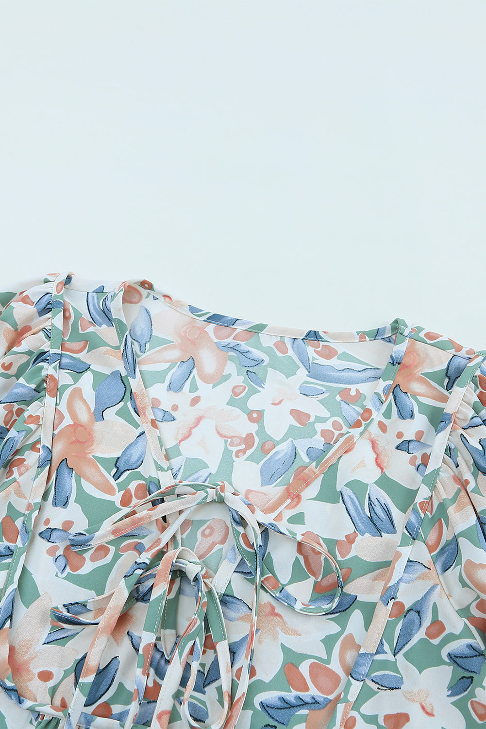 Green Floral Print Lace Up Blouse