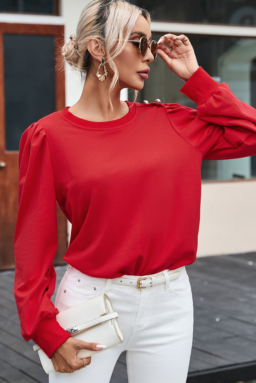 Red Button Tab Detail Long Sleeve Top