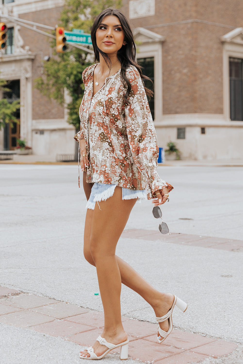 Khaki Floral Print Tie V Neck Button Up Blouse