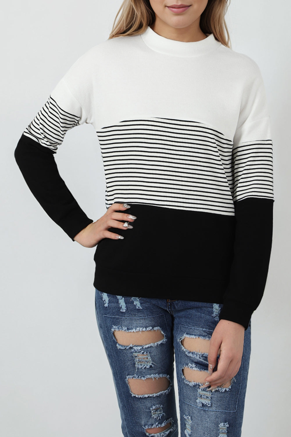 Black Striped Contrast Colorblock Knit Top