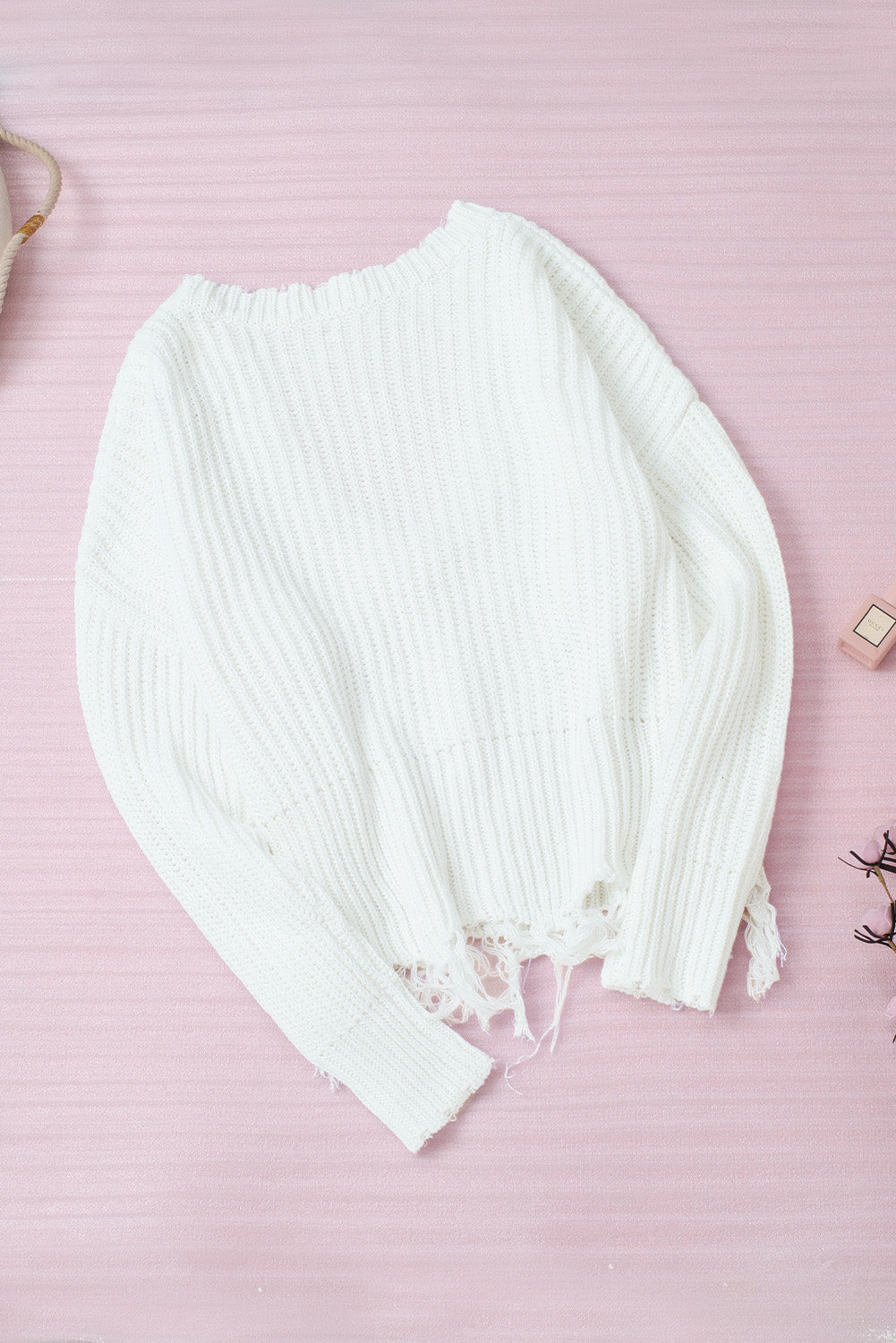 White Tainted Love Cotton Distressed Sweater