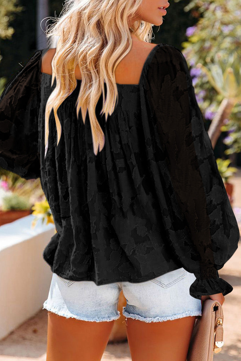 Black Square Neck Floral Textured Blouse