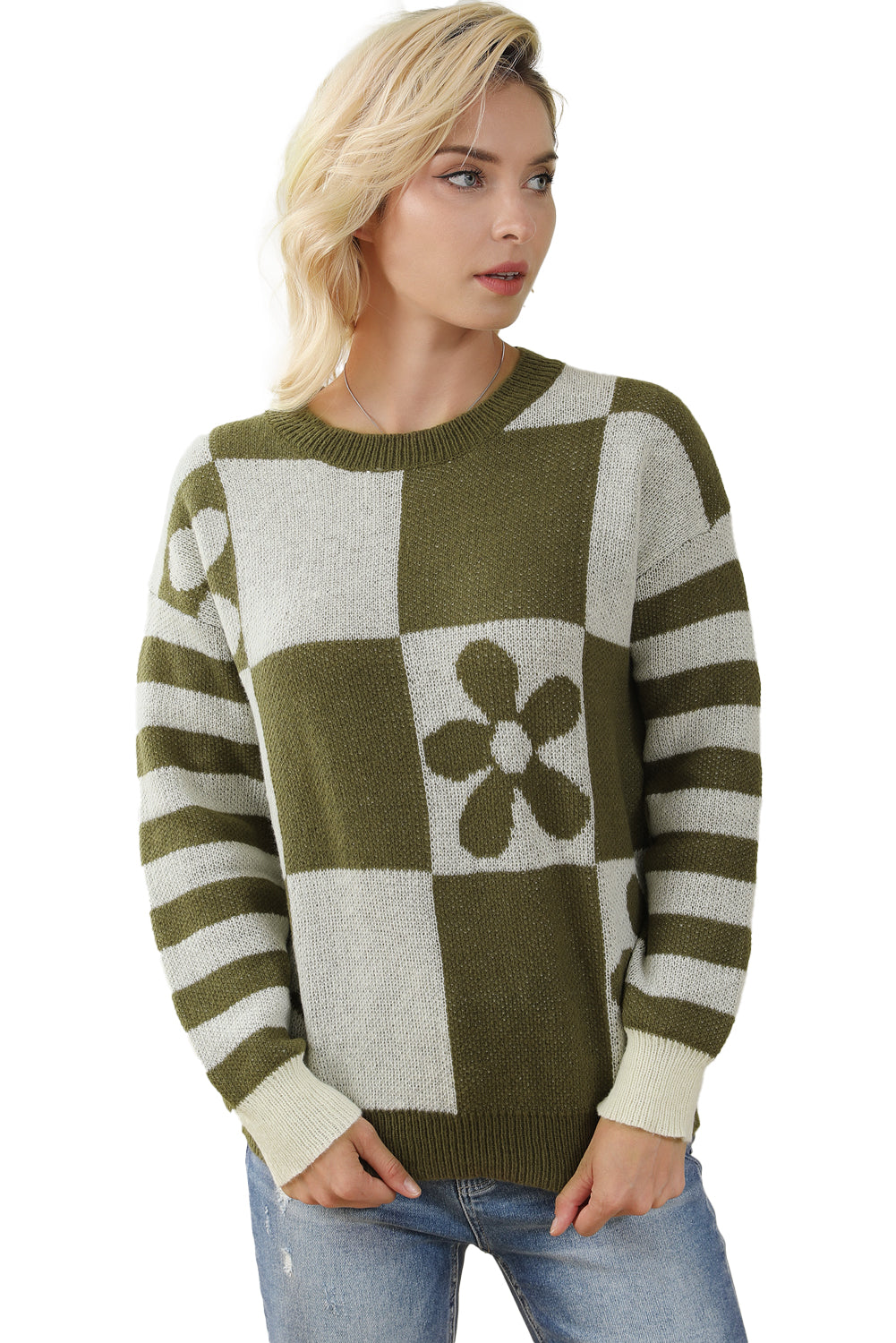 Green Checkered Floral Print Striped Sleeve Sweater