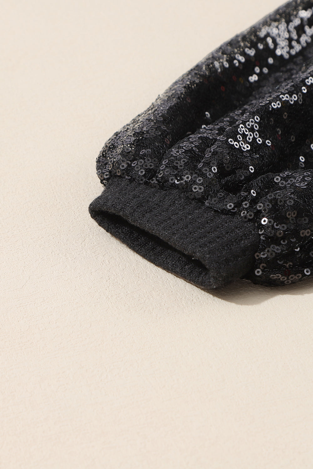 Black Sequin Patchwork Sleeve Open Back Waffle Knit Top