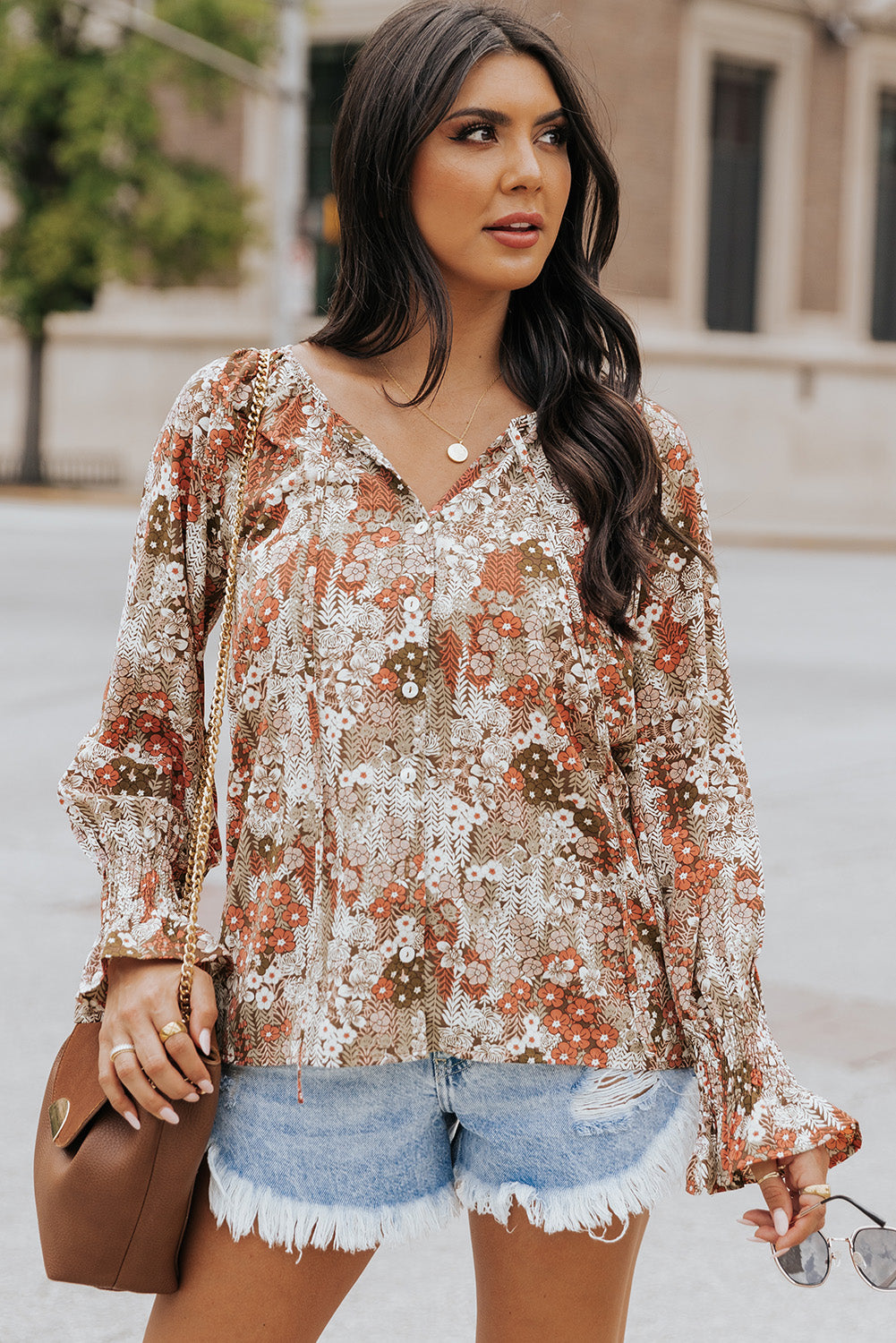 Khaki Floral Print Tie V Neck Button Up Blouse