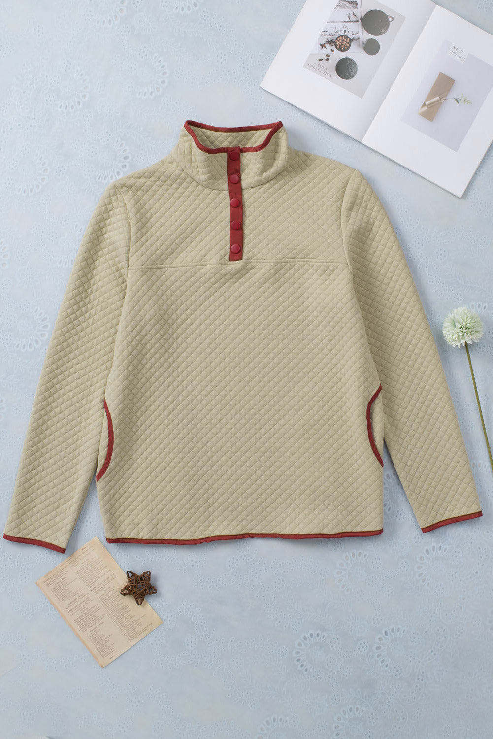 Beige Contrast Binding Snap Button Geometric Pullover Sweatshirt
