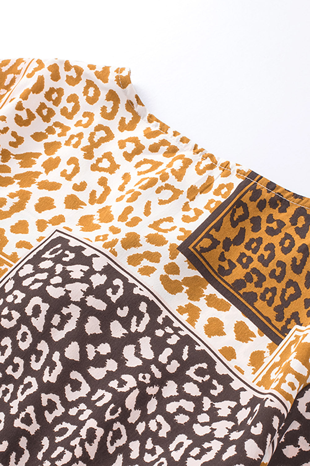 Brown Colorblock Leopard Ribbon Tie Blouse