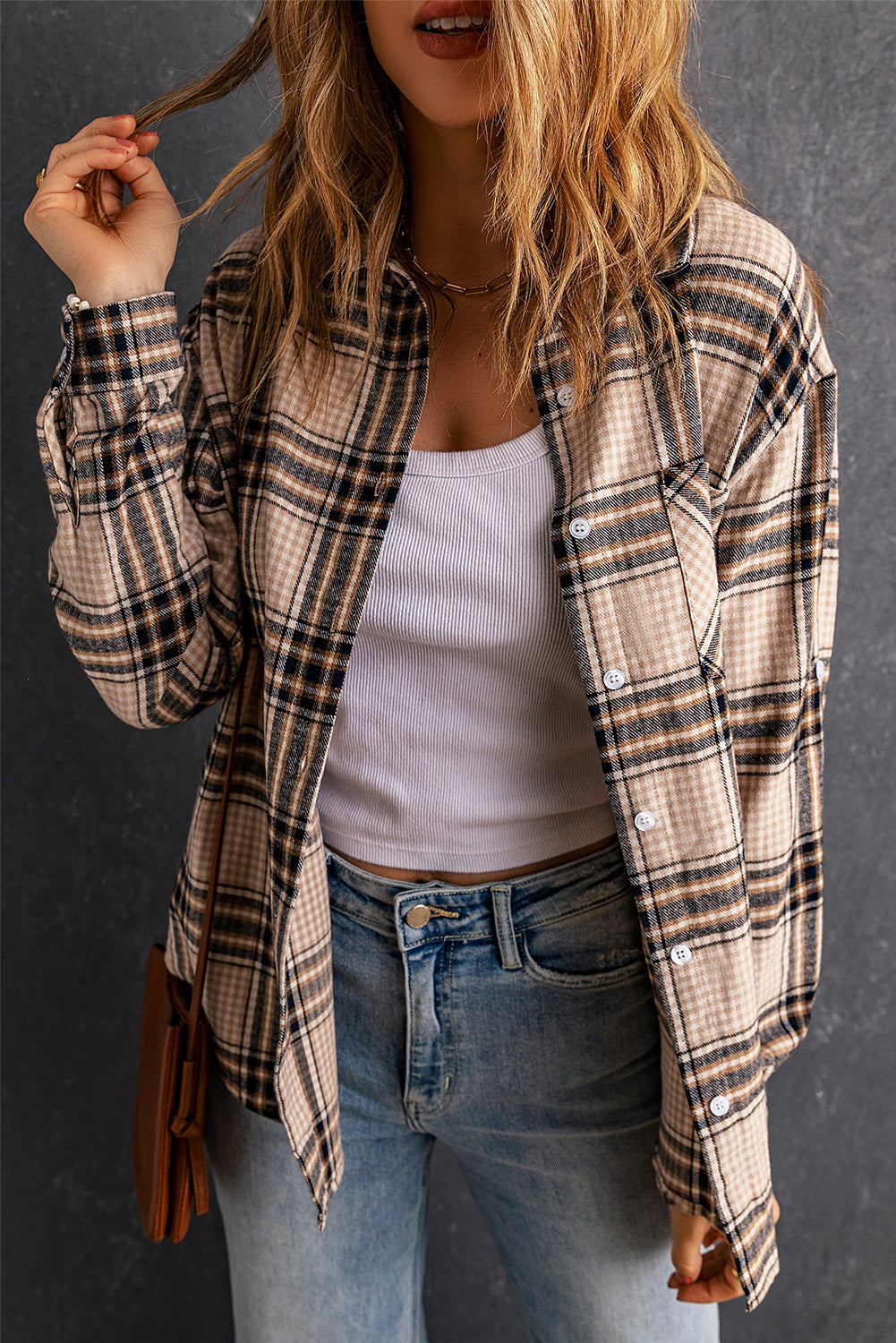 Khaki Chest Pocket Plaid Pattern Long Sleeve Shirt