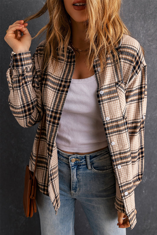 Khaki Chest Pocket Plaid Pattern Long Sleeve Shirt