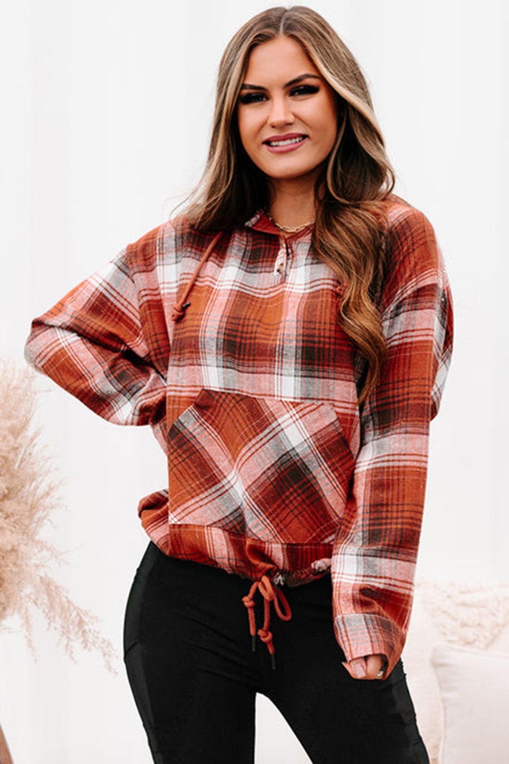 Orange Plaid Print Pocketed Hoodie