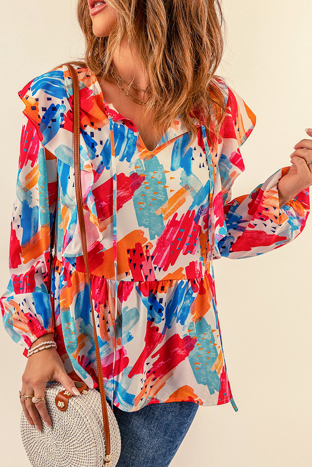 Multicolor Paint Print Ruffled Detail Loose Blouse