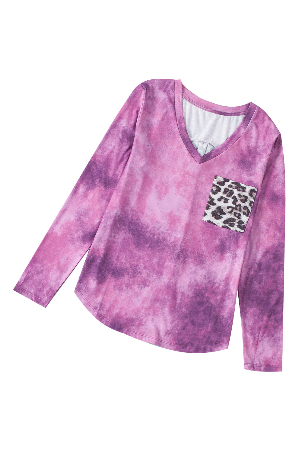 Rose Tie Dye Leopard Patchwork Pocket V Neck Top