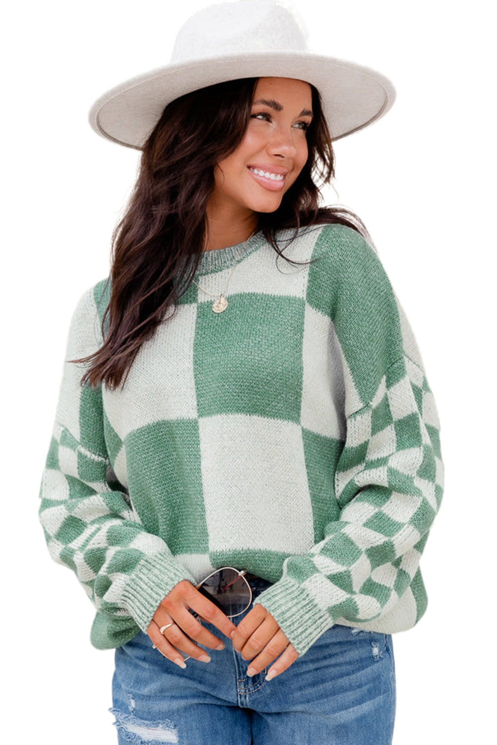 Mint Green Checkered Print Drop Shoulder Sweater