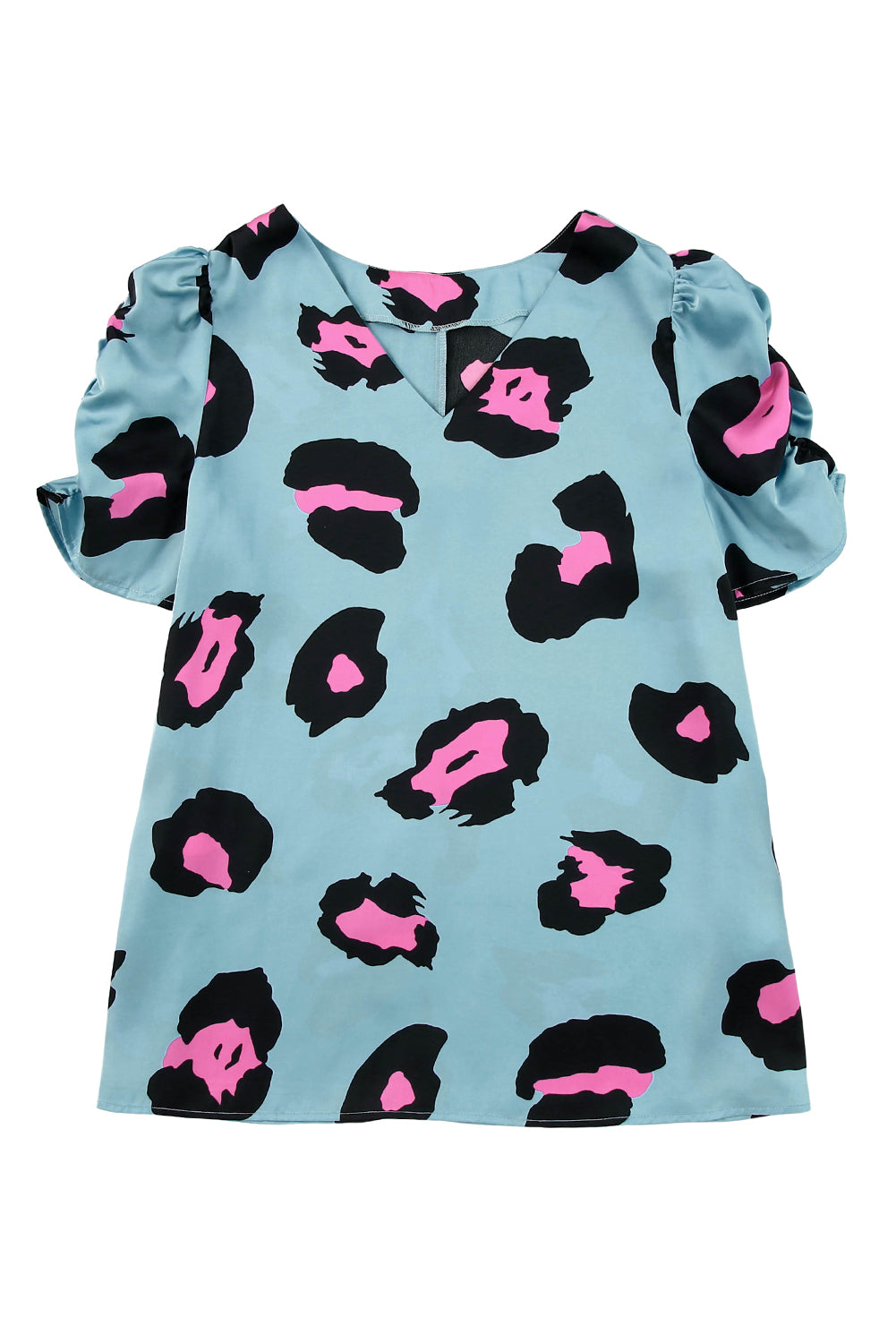 Sky Blue Ruched Short Sleeve Leopard Print Blouse