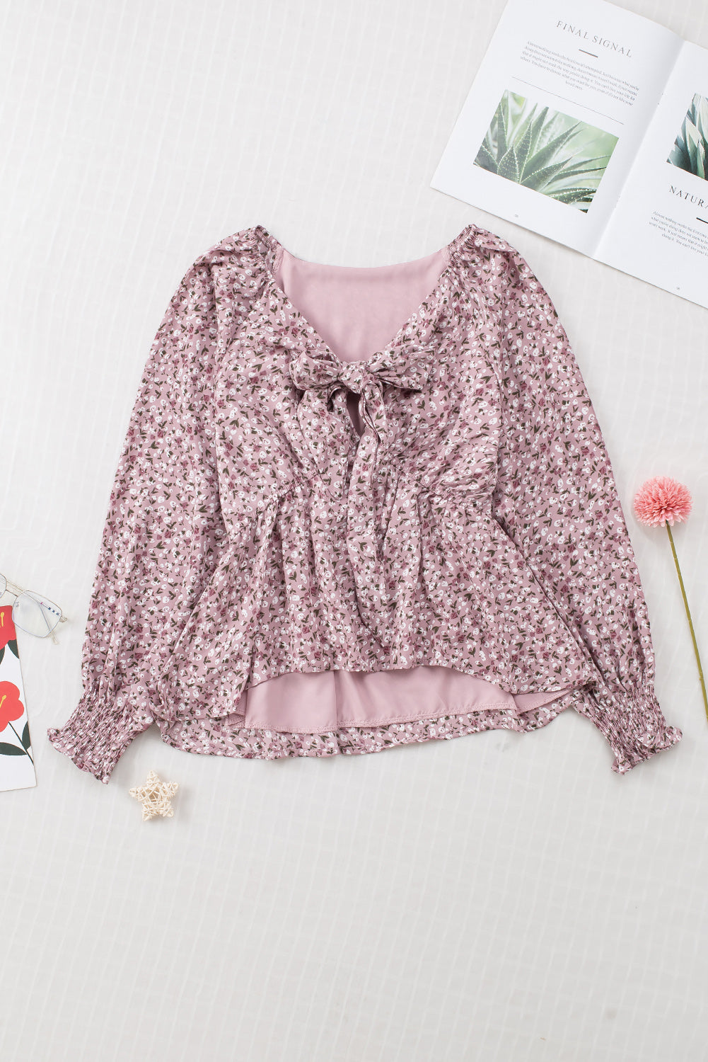 Ditsy Floral Print Front Tie Ruffled Long Sleeve Blouse