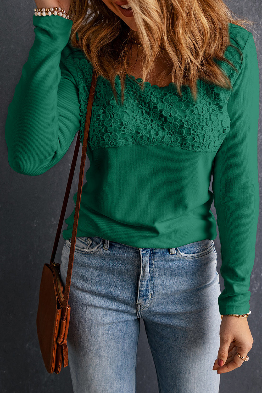 Green Lace Crochet V Neck Long Sleeve Top