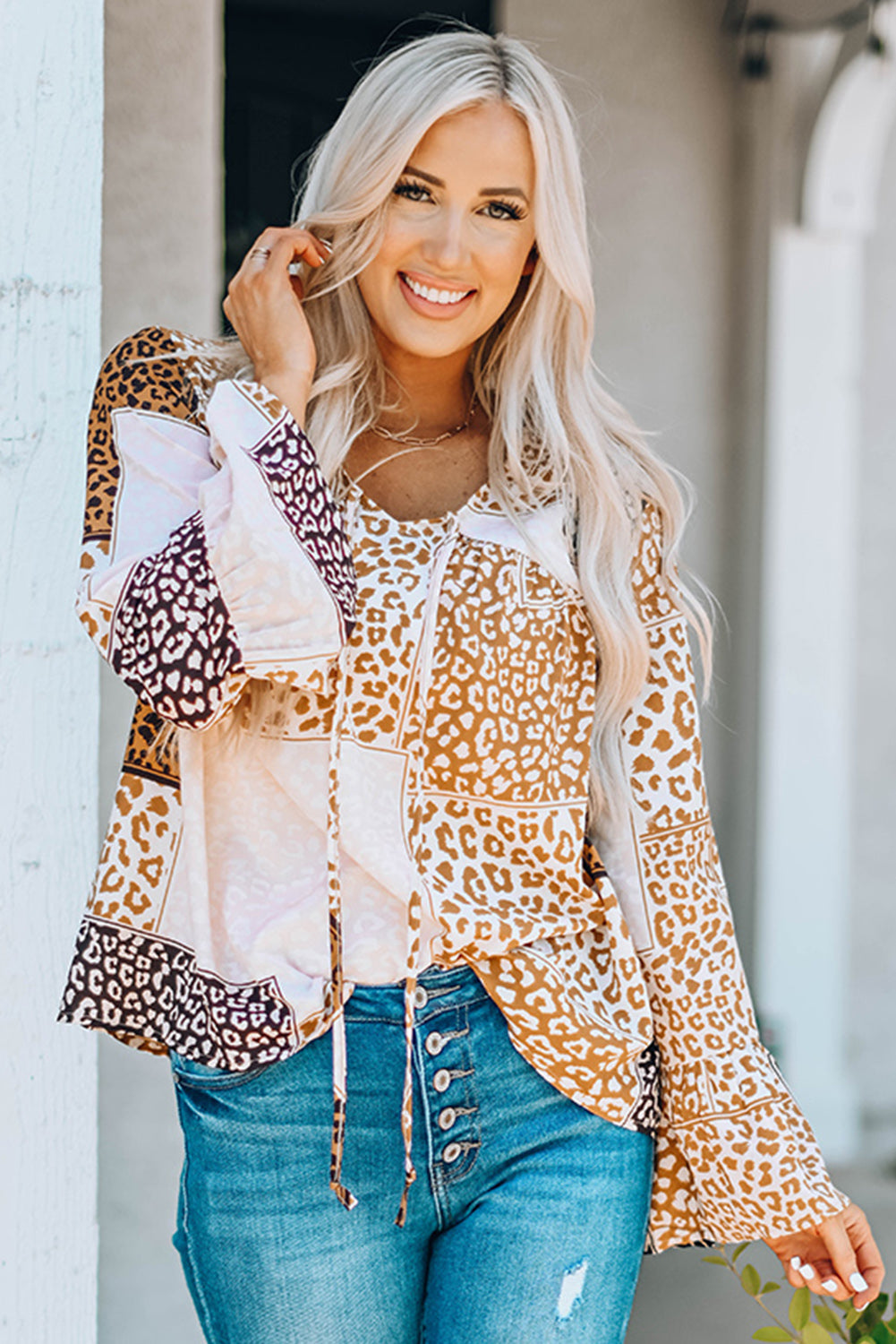 Brown Colorblock Leopard Ribbon Tie Blouse