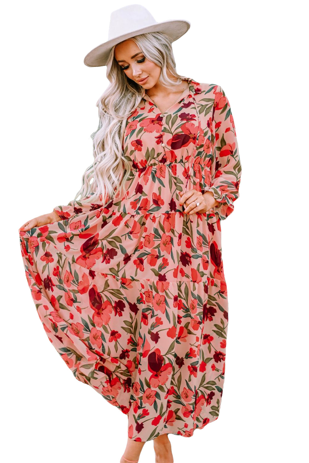 Red Frilled Collar Long Sleeve Tiered Maxi Floral Dress