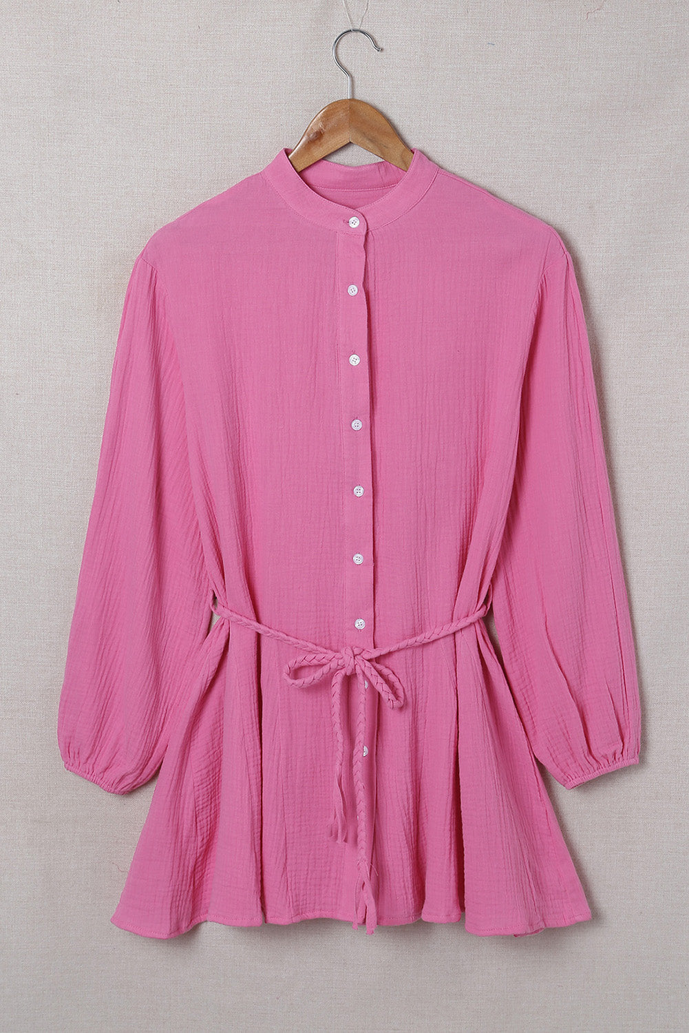 Rose Textured Buttons Long Sleeves Shirt Short Dress with Rope Tie