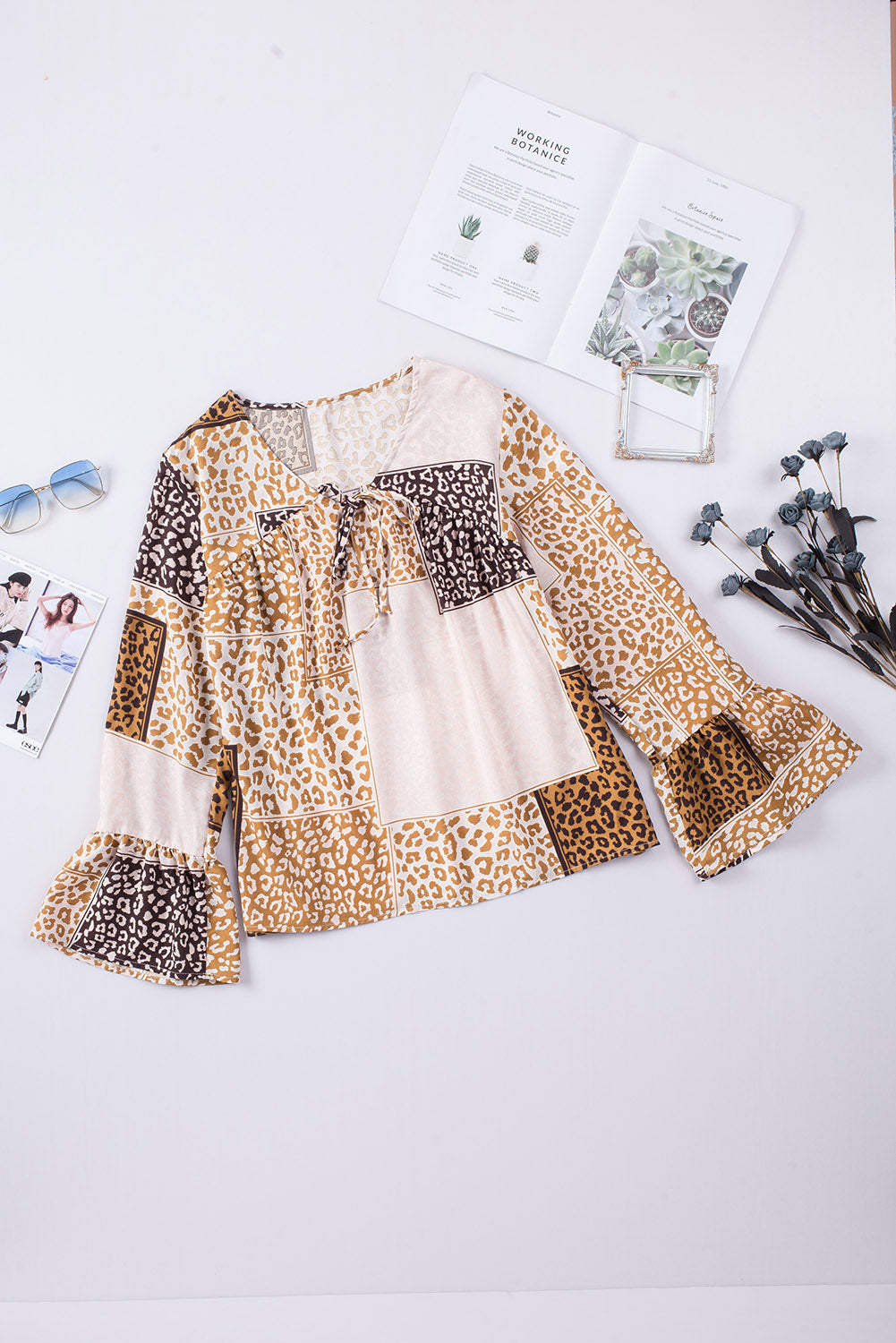 Brown Colorblock Leopard Ribbon Tie Blouse