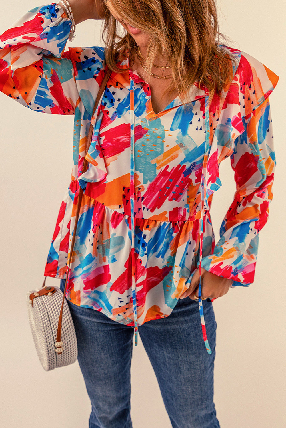 Multicolor Paint Print Ruffled Detail Loose Blouse