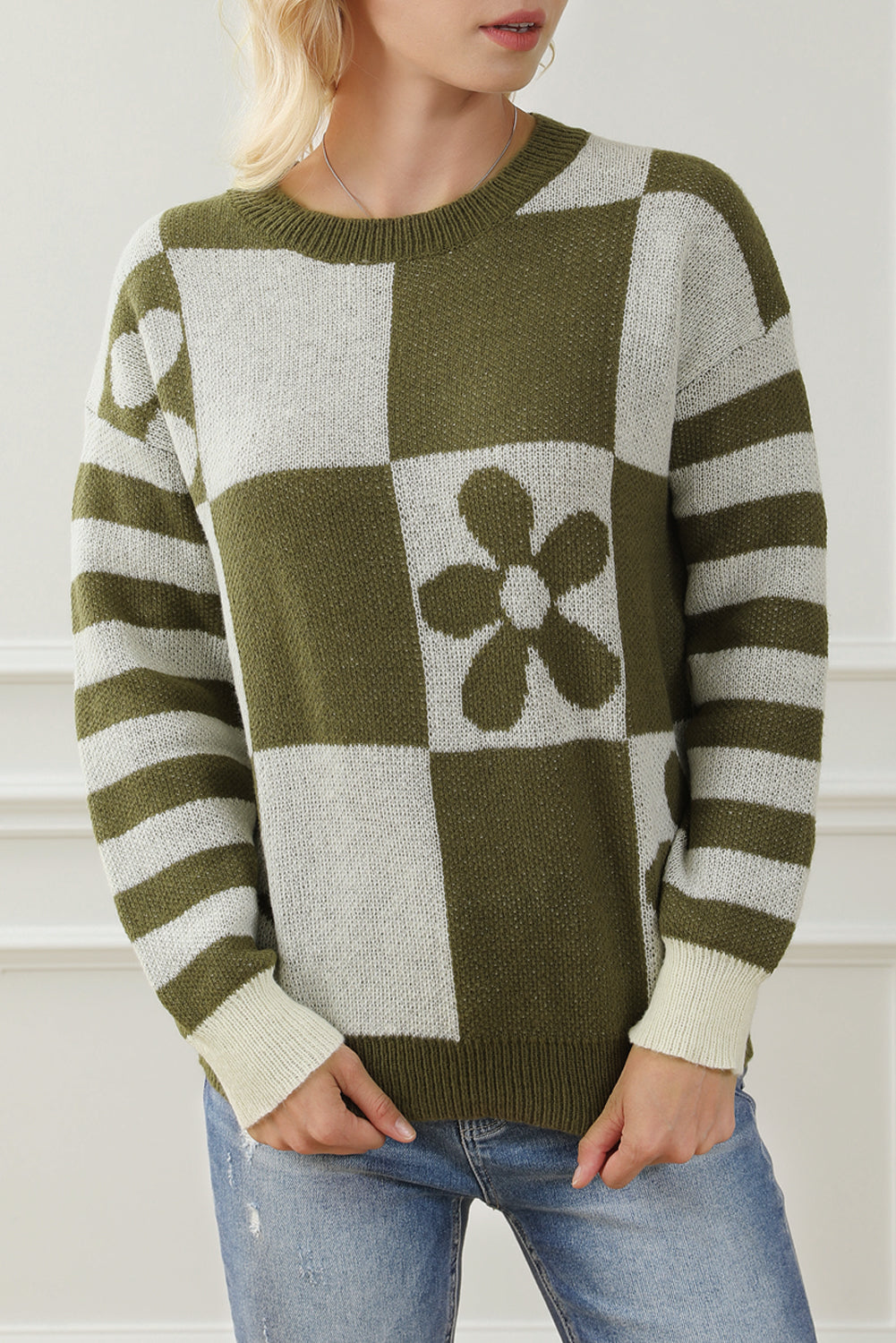 Green Checkered Floral Print Striped Sleeve Sweater