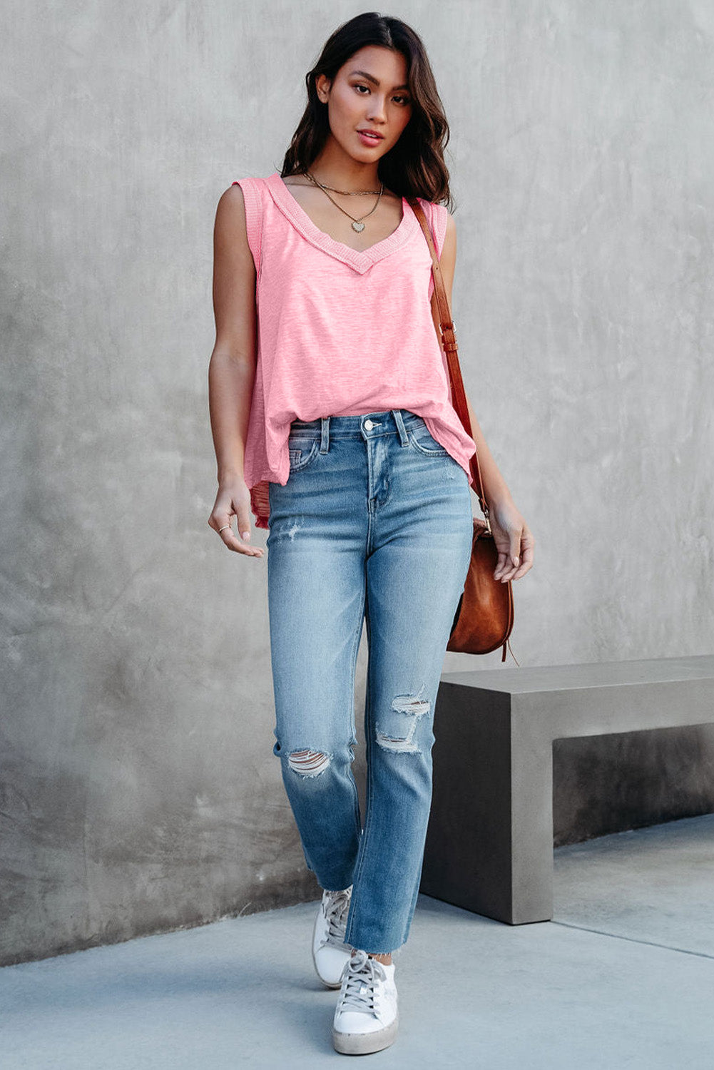 Pink V Neck Ribbed Trimming Tank Top