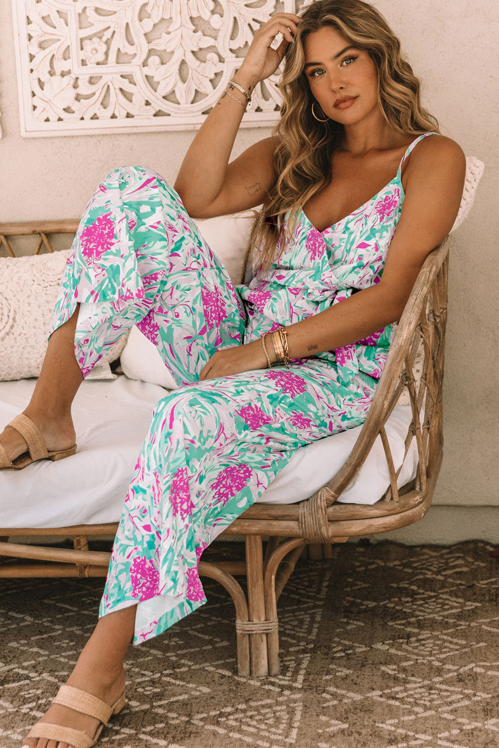 Sky Blue Floral Print Knotted High Waist Sleeveless Jumpsuit