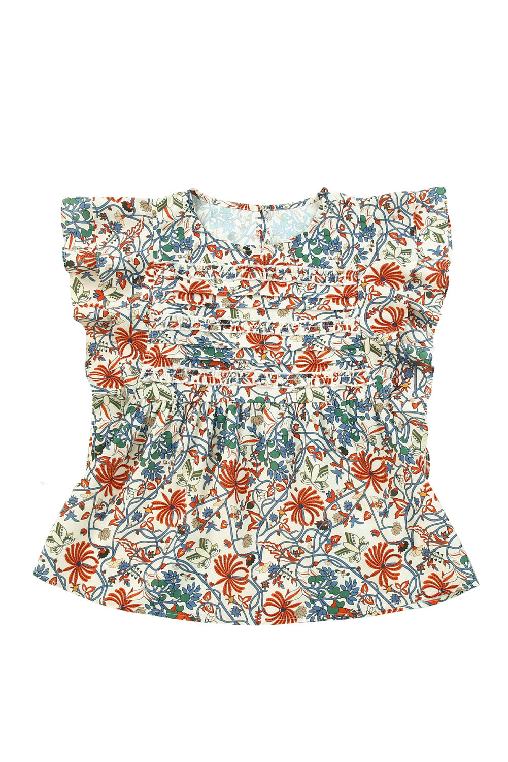 Multicolor Vintage Floral Shirred Ruffle Sleeve Blouse