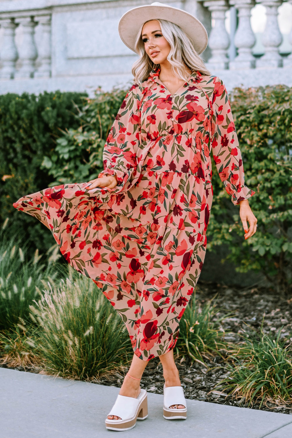 Red Frilled Collar Long Sleeve Tiered Maxi Floral Dress