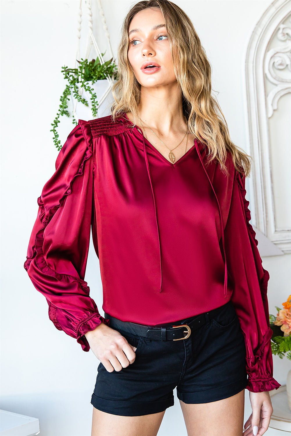 Red Split Neck Ruffled Satin Shirt