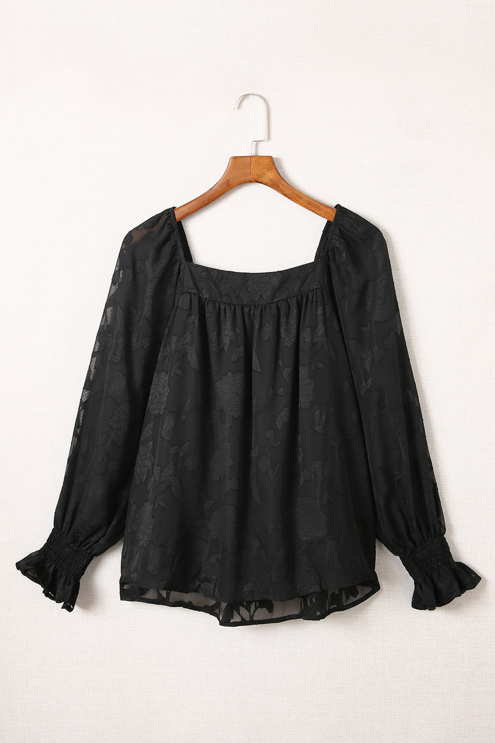 Black Square Neck Floral Textured Blouse