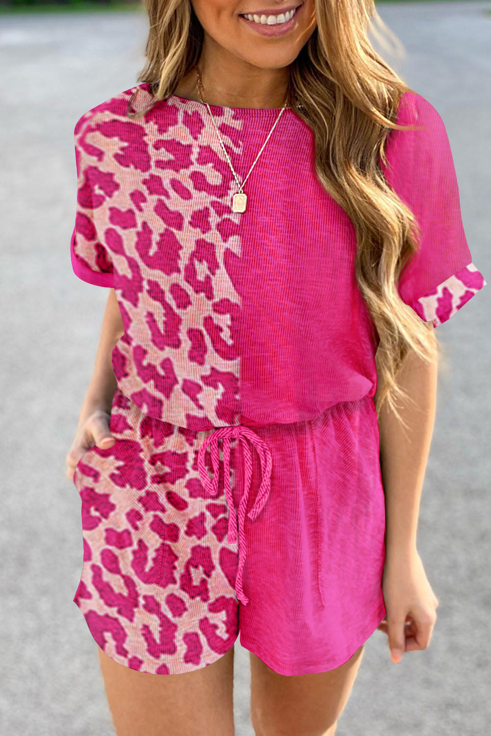 Pink Half Leopard Print Drawstring Knit Romper