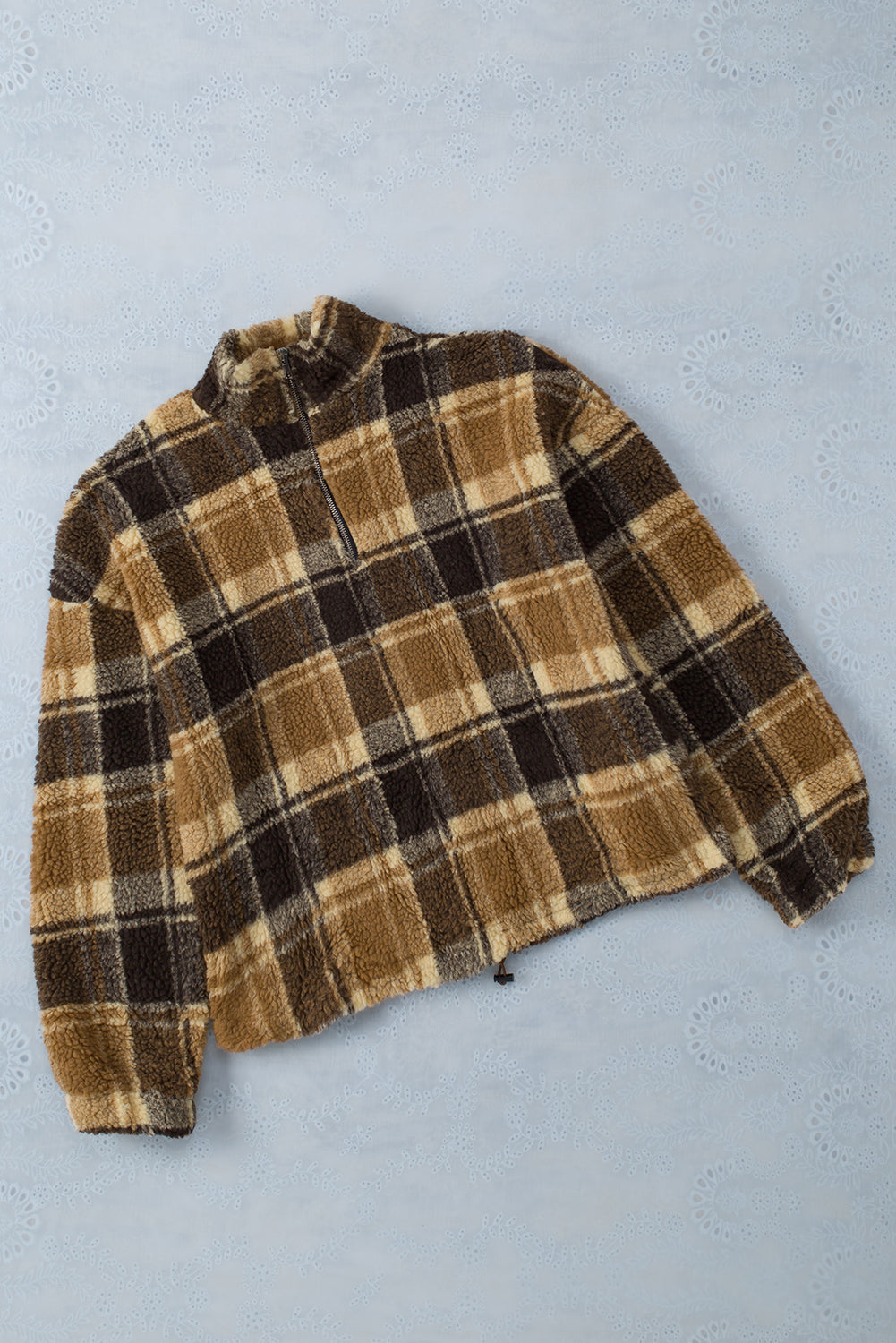 Brown Zip Collar Plaid Pattern Fleece Sweatshirt