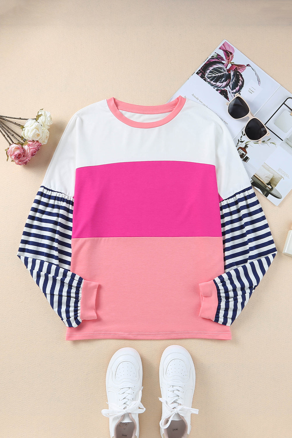 Pink Color Block Bubble Striped Sleeve Top