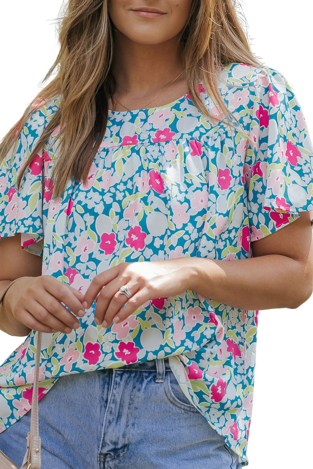 Sky Blue Floral Print O-neck Short Sleeve Babydoll Blouse