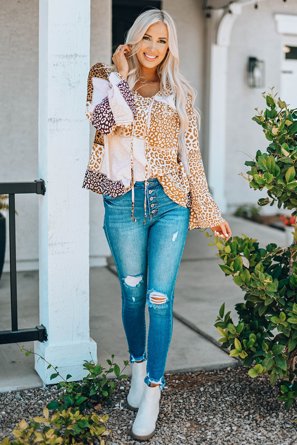 Brown Colorblock Leopard Ribbon Tie Blouse