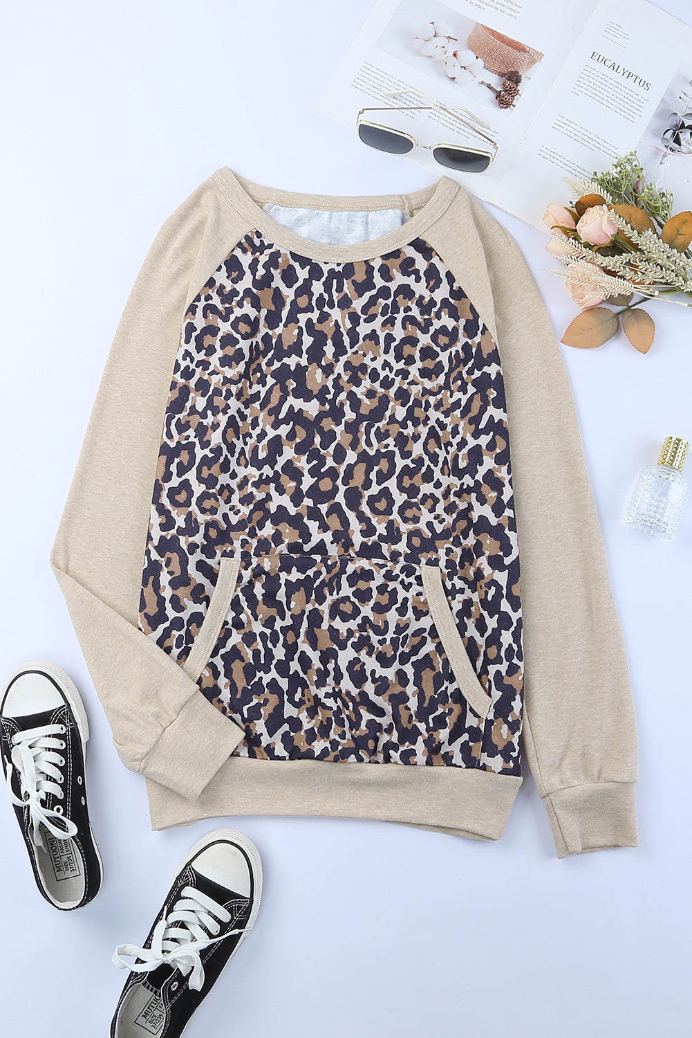 Leopard Kangaroo Pocket Raglan Sleeves Sweatshirt