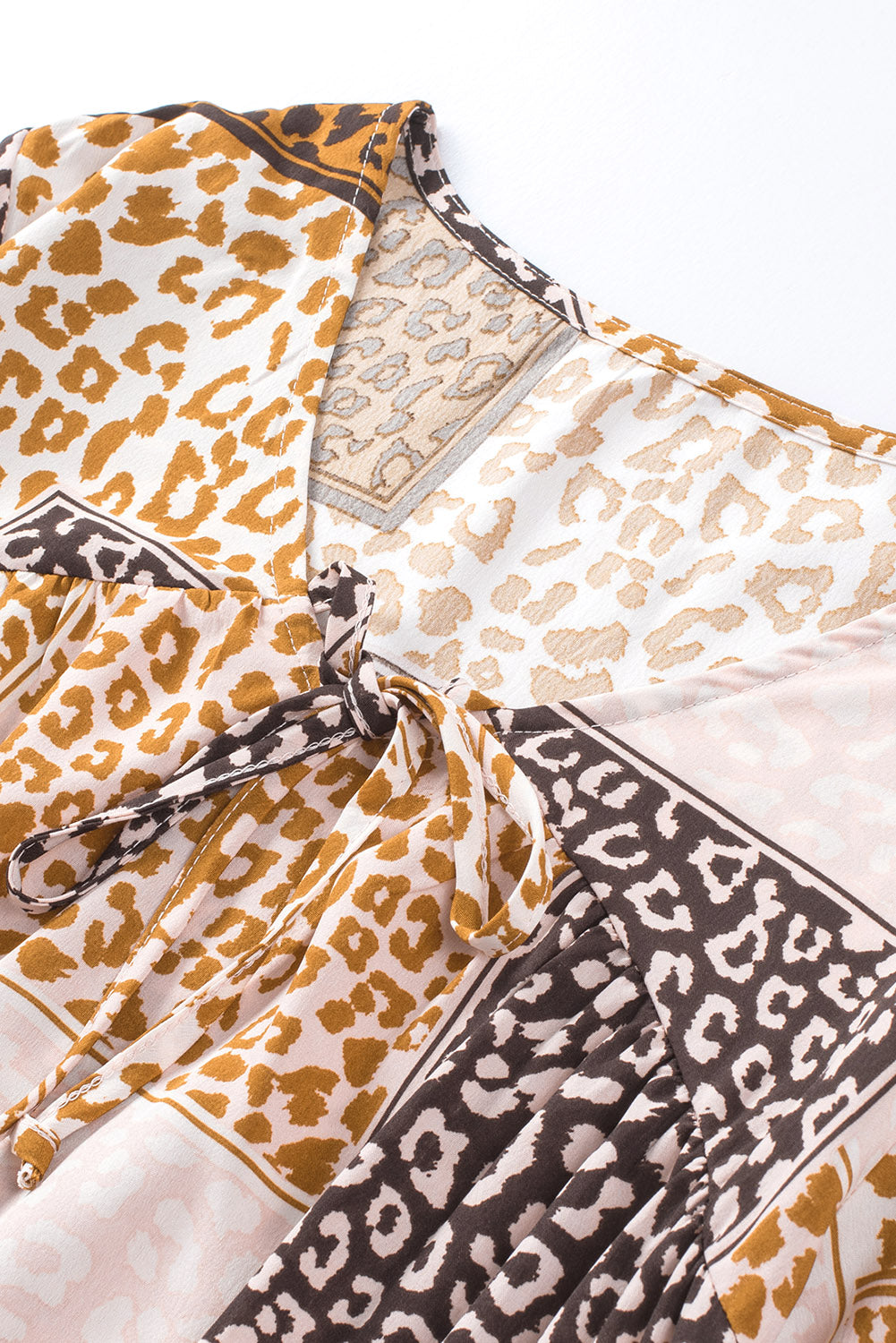 Brown Colorblock Leopard Ribbon Tie Blouse