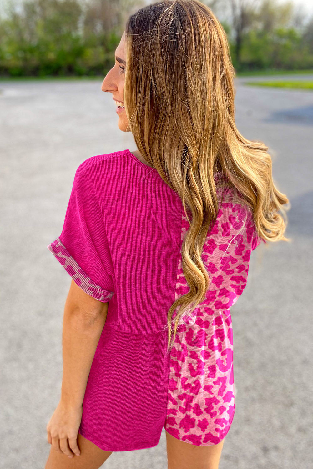 Pink Half Leopard Print Drawstring Knit Romper