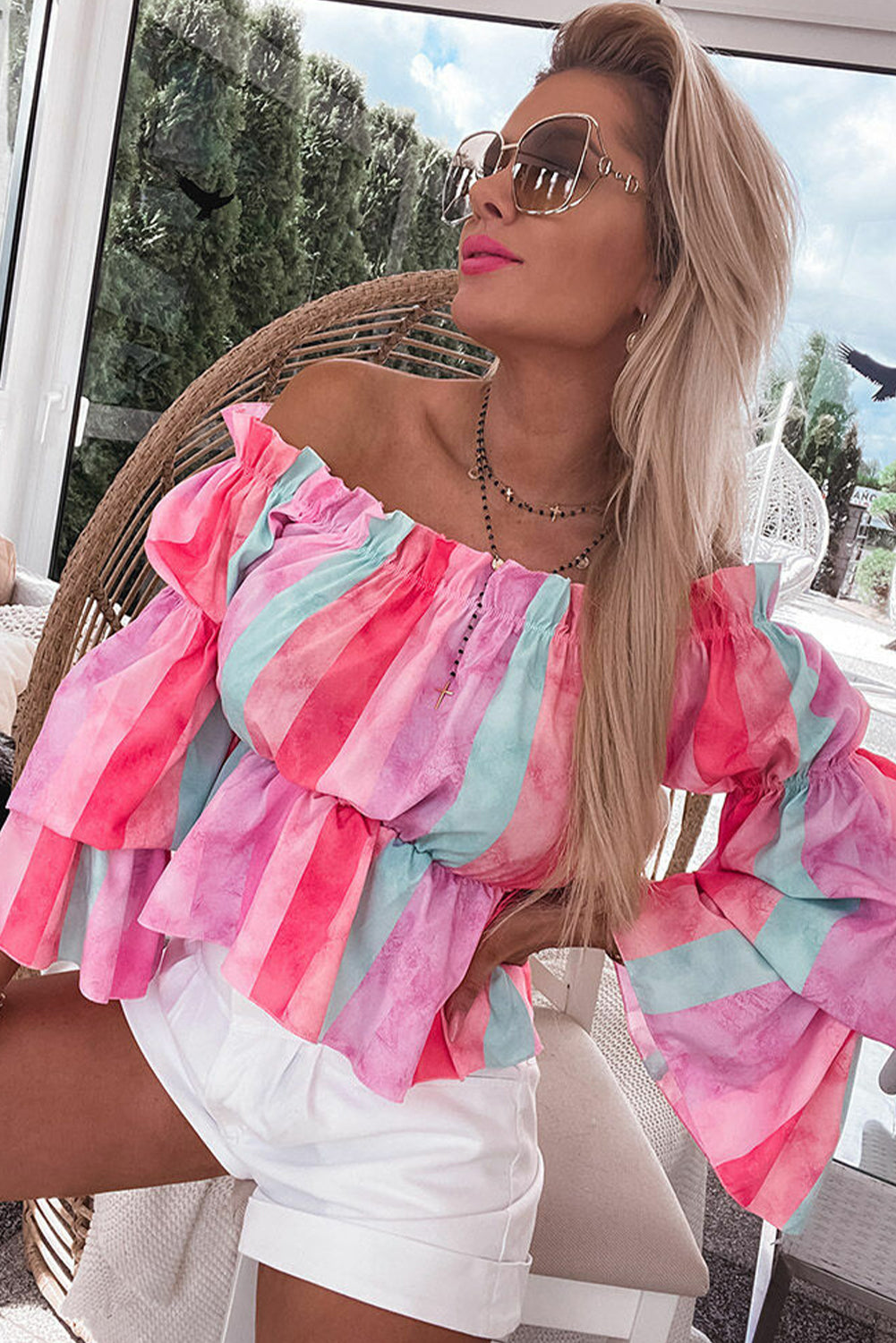 Multicolor Stripe Print Frill Off Shoulder Bubble Sleeve Blouse