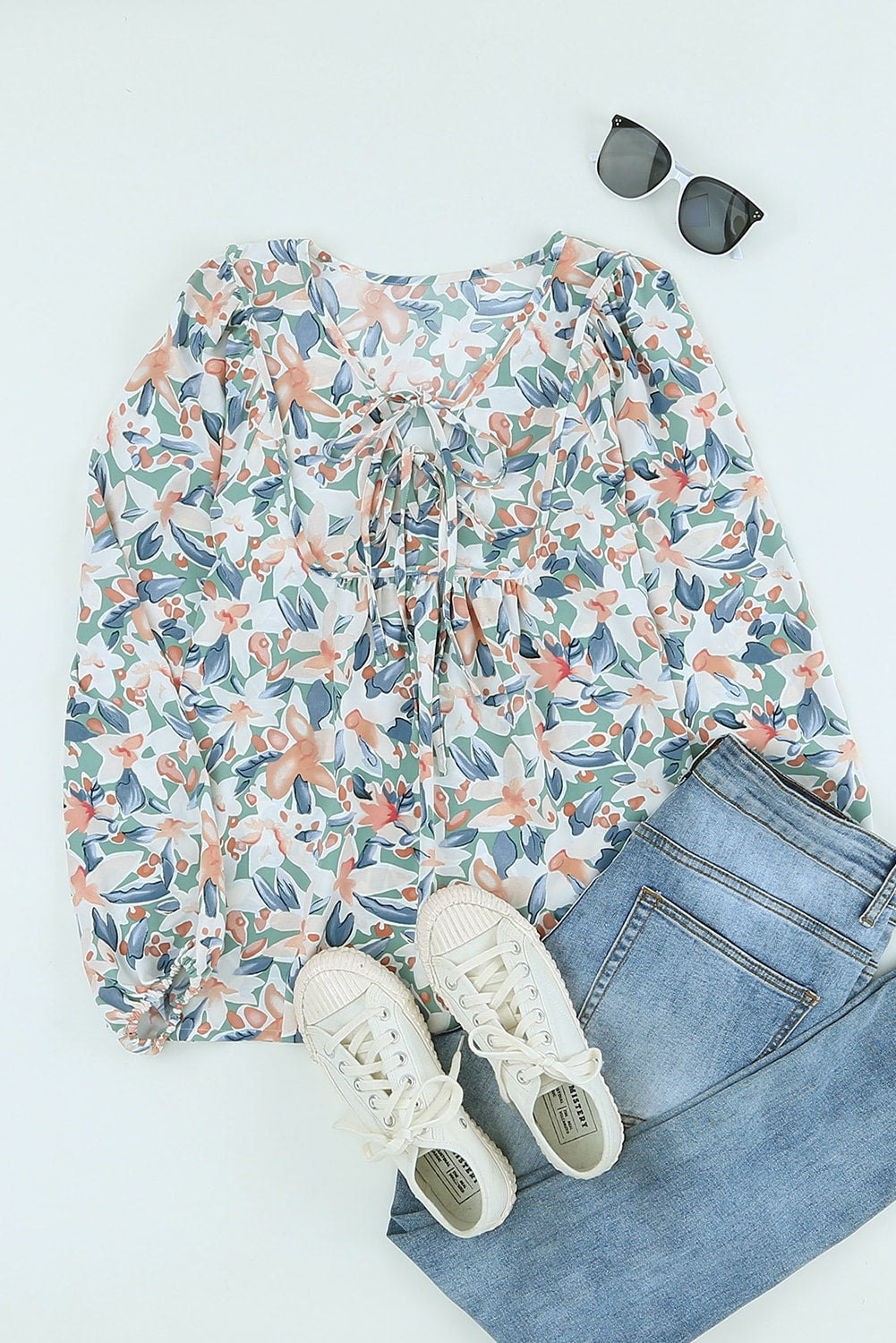 Green Floral Print Lace Up Blouse